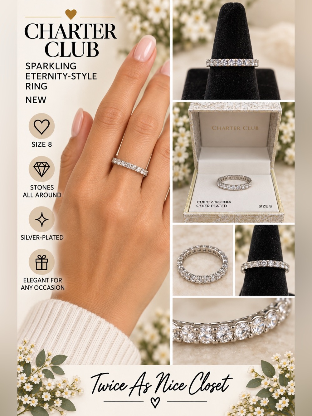 Charter Club Silver Ring with Sparkling Stones All Around NEW Size‎ 8